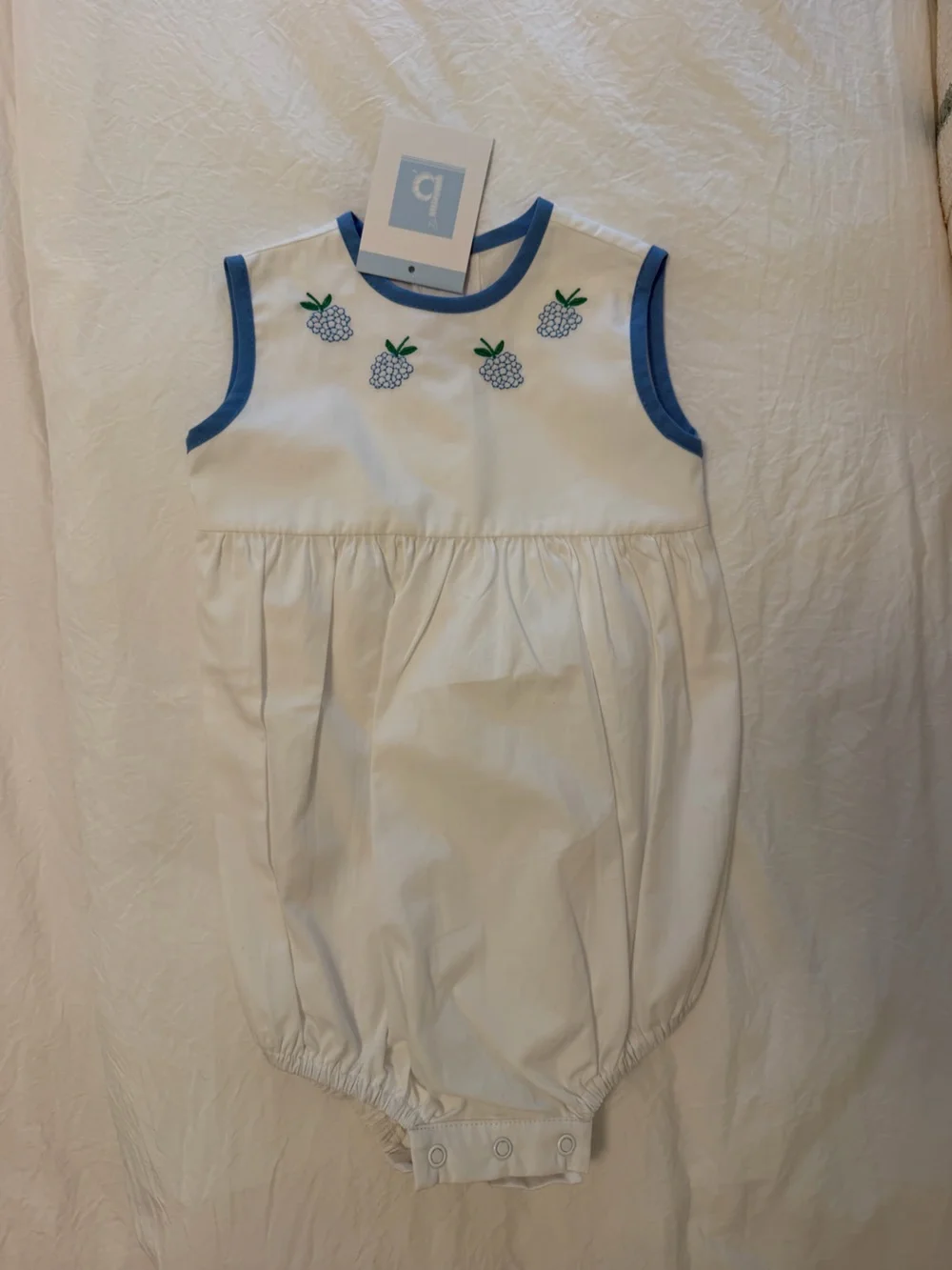 White Baby Bubble Romper with Blue Trim and Grape Embroidery- NWT